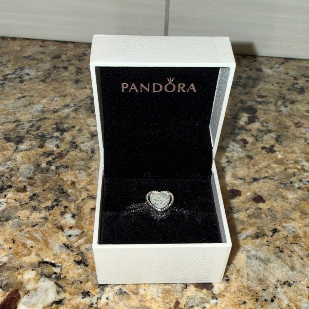 Pandora Silver Heart Charm with Opalescent Center - Cream & Silver